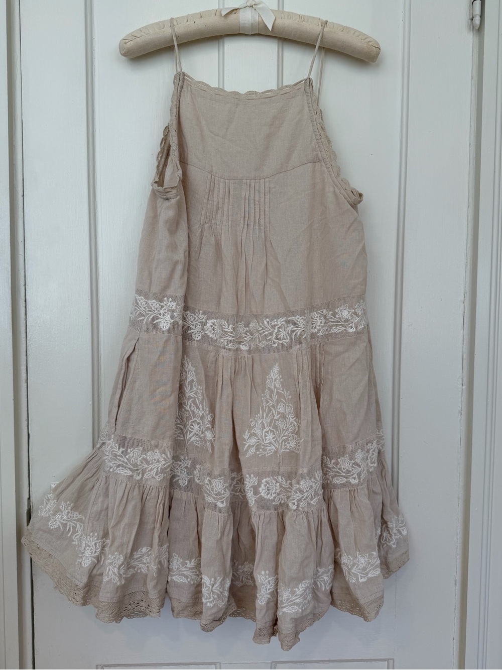 Anthropologie Beige & White Embroidered Spaghetti Strap Sundress - Picture 6 of 7